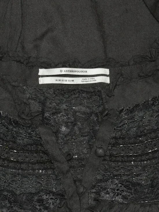 Anthropologie Lace Trim Beaded Button Long Sleeve Gray Ruffle Tunic Top L 12 - Picture 2 of 5